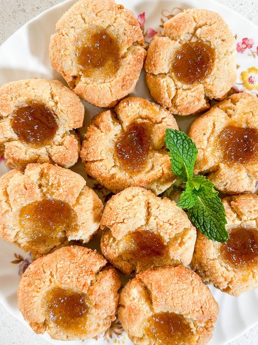 Shortbread thumbprint cookies with assorted house jam