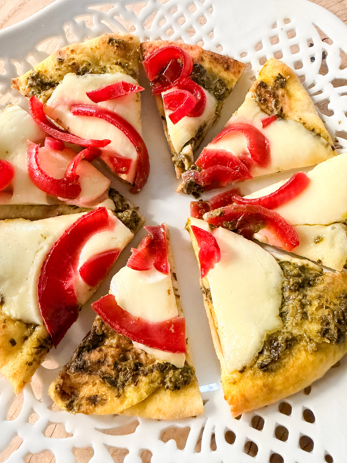 Mini pesto flatbreads with pickled onions & mozzarella